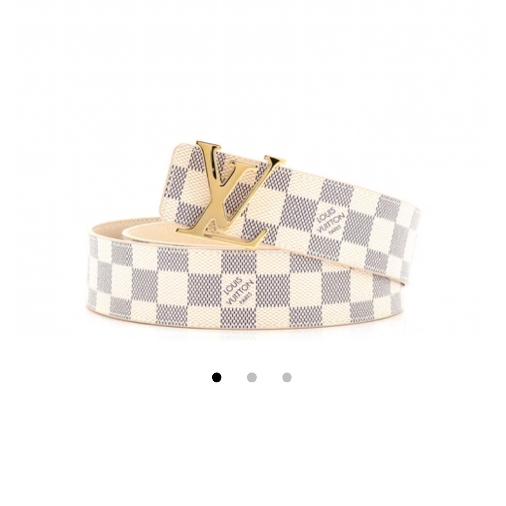 Louis Vuitton Cream and Gray Checkered Belt with Gold Buckle